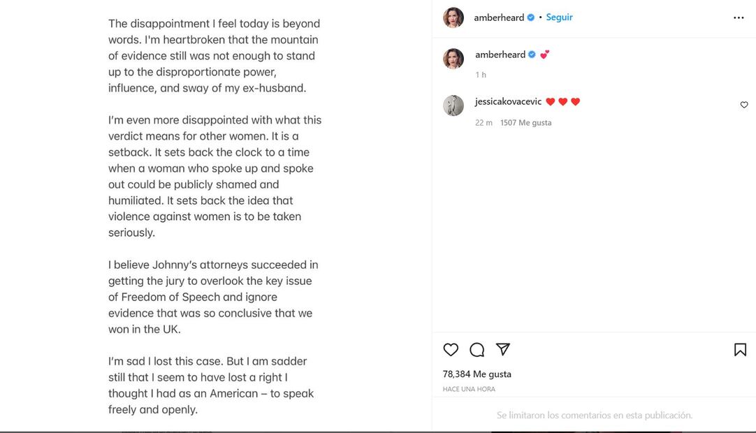 Amber Heard asegura que el veredicto a favor de Johnny Depp es "un retroceso para las mujeres"