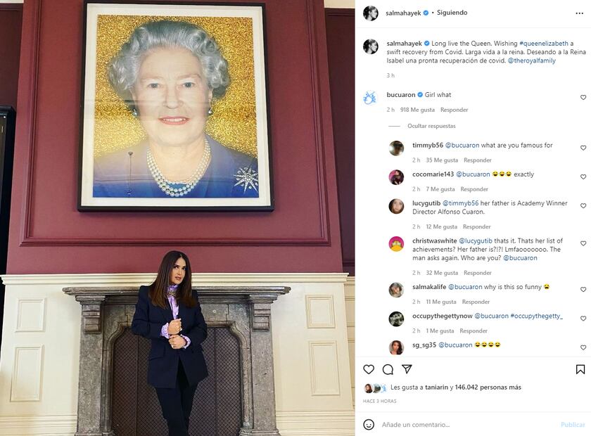 Salma Hayek envía buenos deseos para la reina Isabel II, contagiada de Covid-19