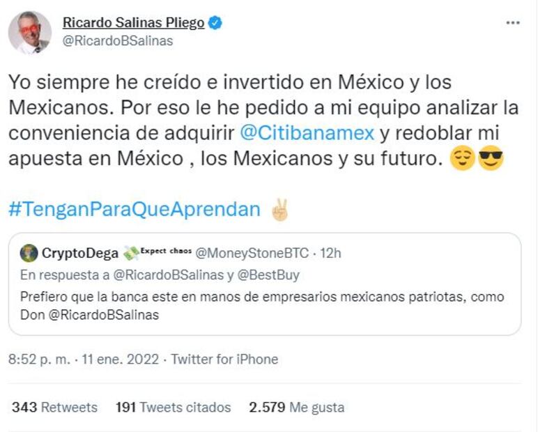 Ricardo Salinas levantó la mano para adquirir Banamex