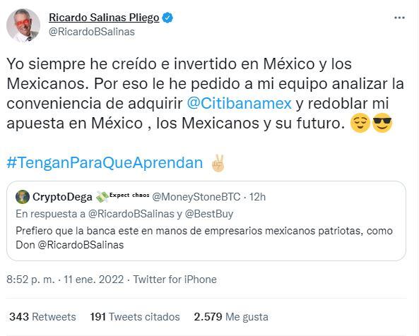 Ricardo Salinas levantó la mano para adquirir Banamex