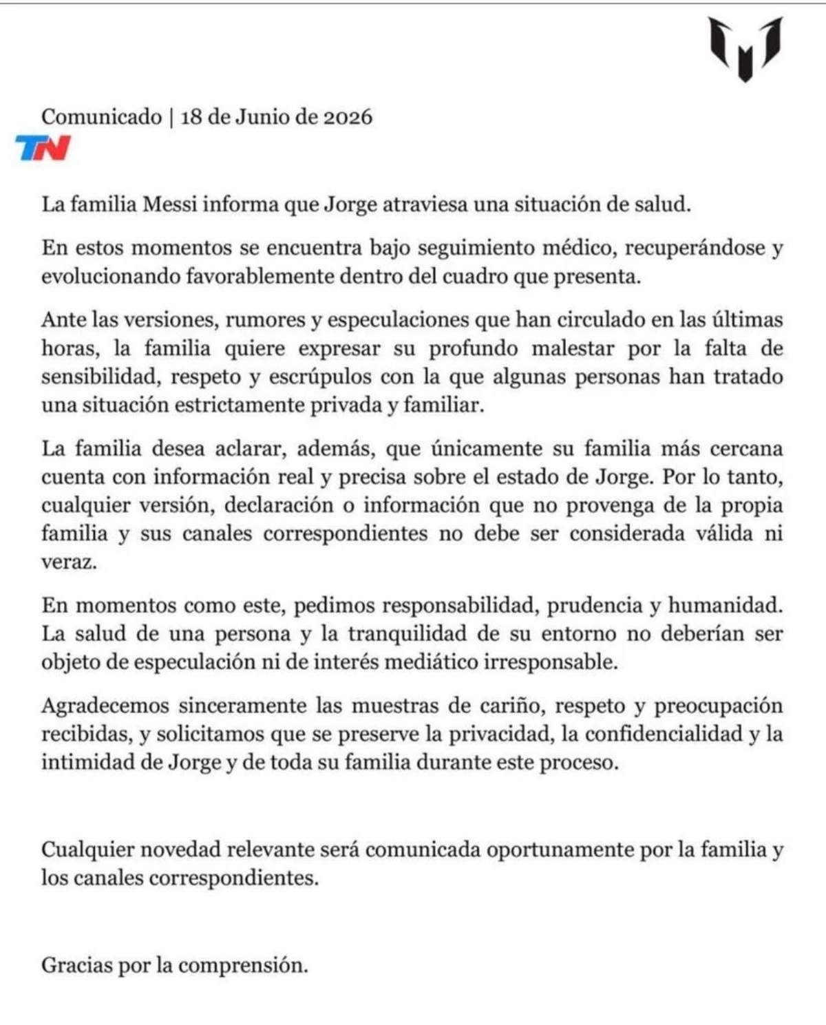 El comunicado de la familia Messi / Foto: Instagram