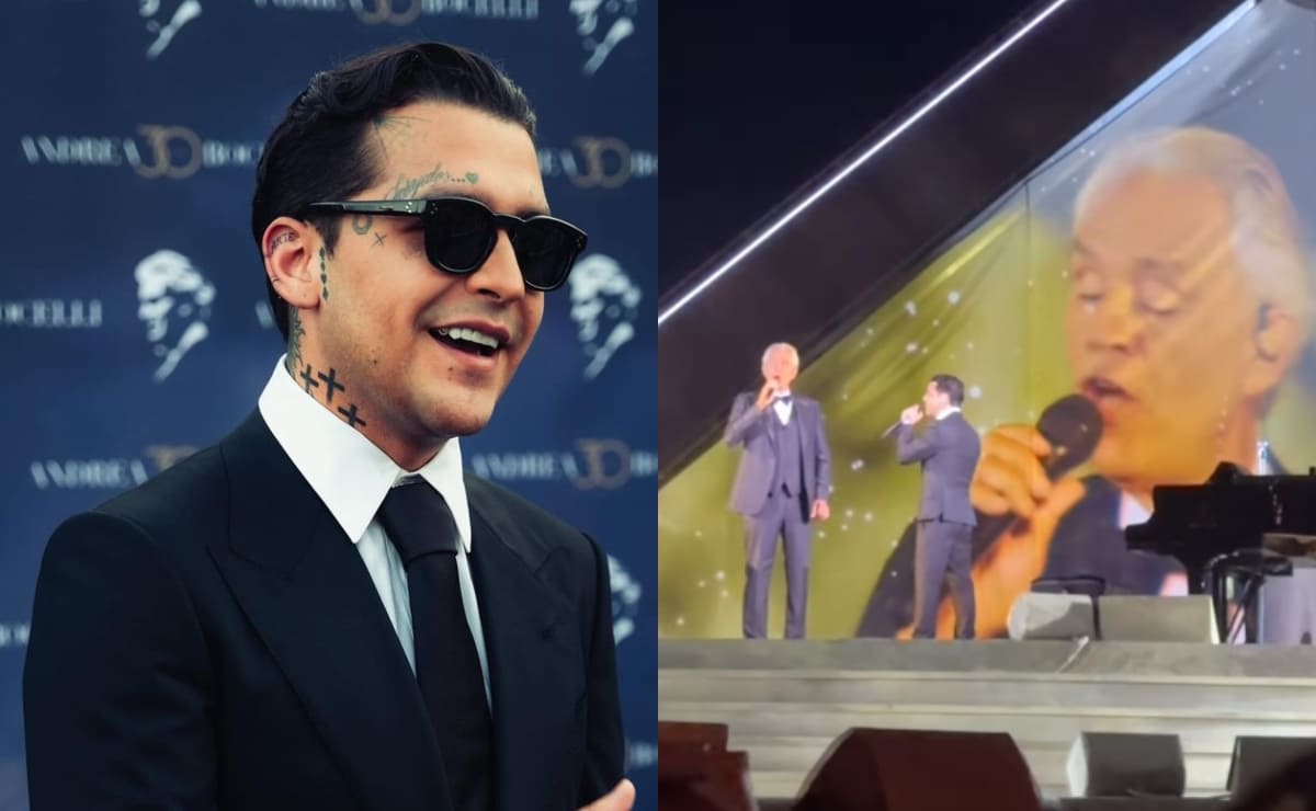 Christian Nodal comparte mágico momento con Andrea Bocelli en el escenario