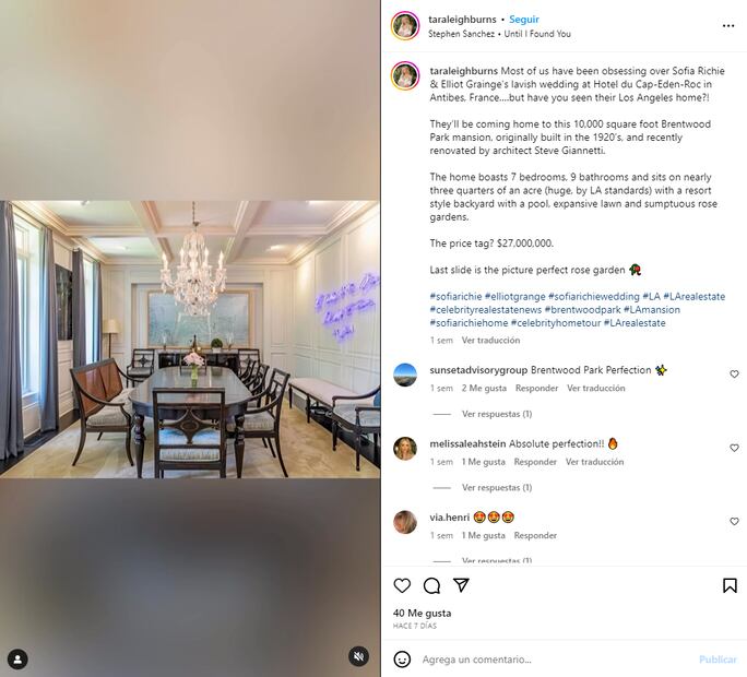 Comedor de la mansión de Sofia Richie / Instagram