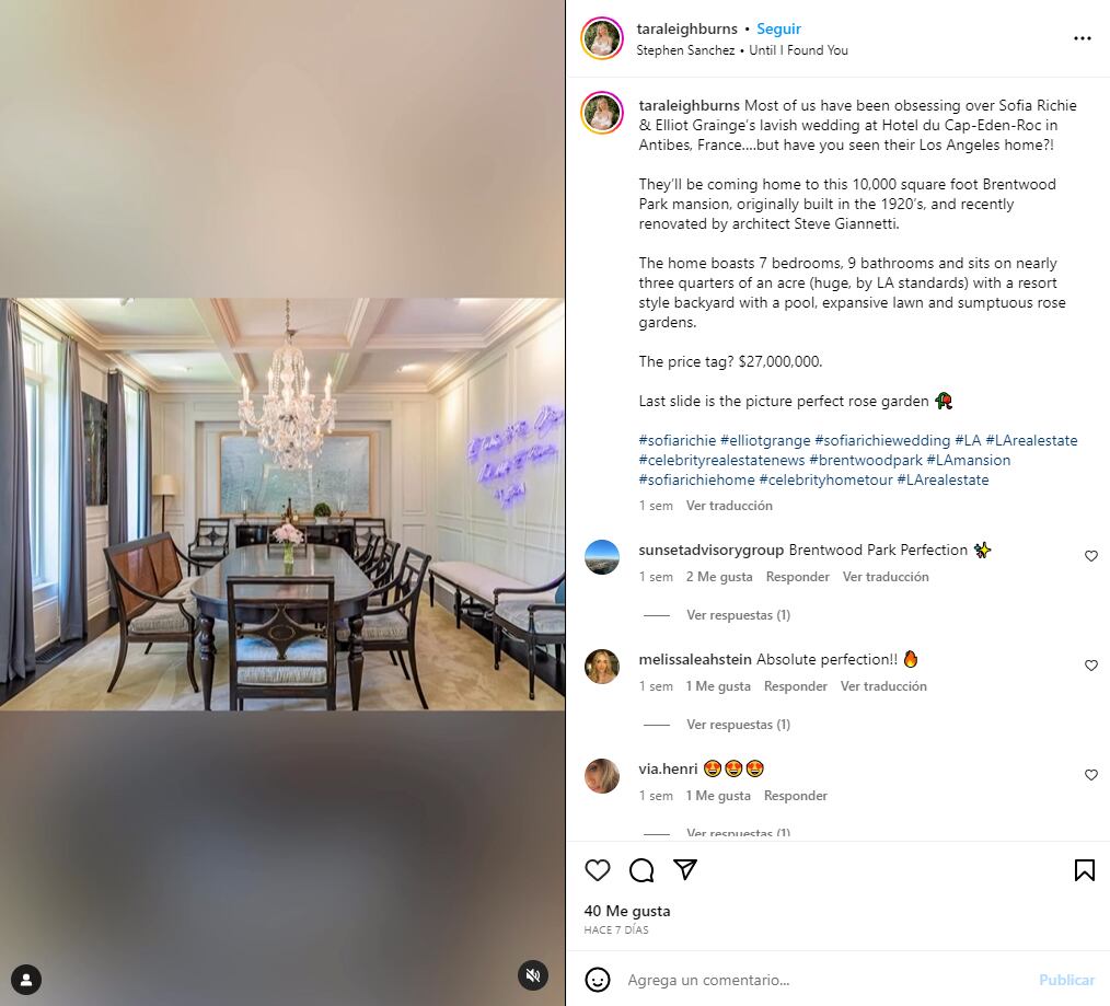 Comedor de la mansión de Sofia Richie / Instagram