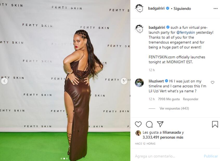 Rihanna lanza su línea de maquillaje enfundada en un vestido ajustado de cuero 