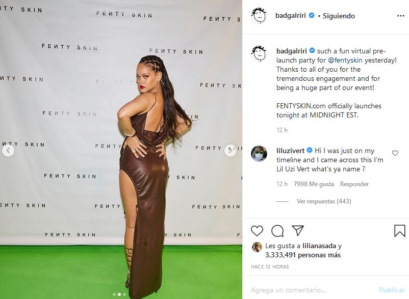 Rihanna lanza su línea de maquillaje enfundada en un vestido ajustado de cuero 