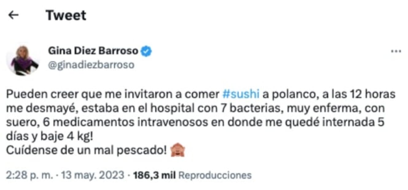 Gina Diez Barroso se recupera tras estar hospitalizada por comer sushi, "Bajé 4 kilos"
