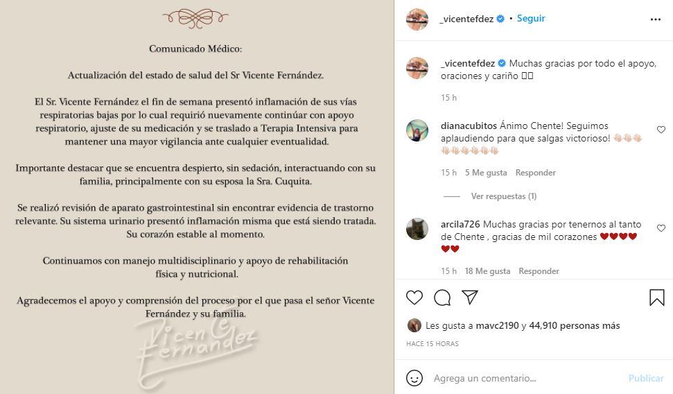 Vicente Fernández regresa a terapia intensiva