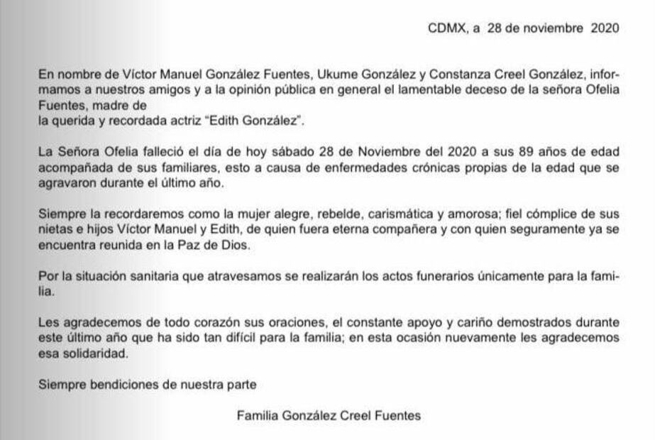 Lorenzo Lazo y su sensible despedida de Ofelia Fuentes, mamá de Edith González