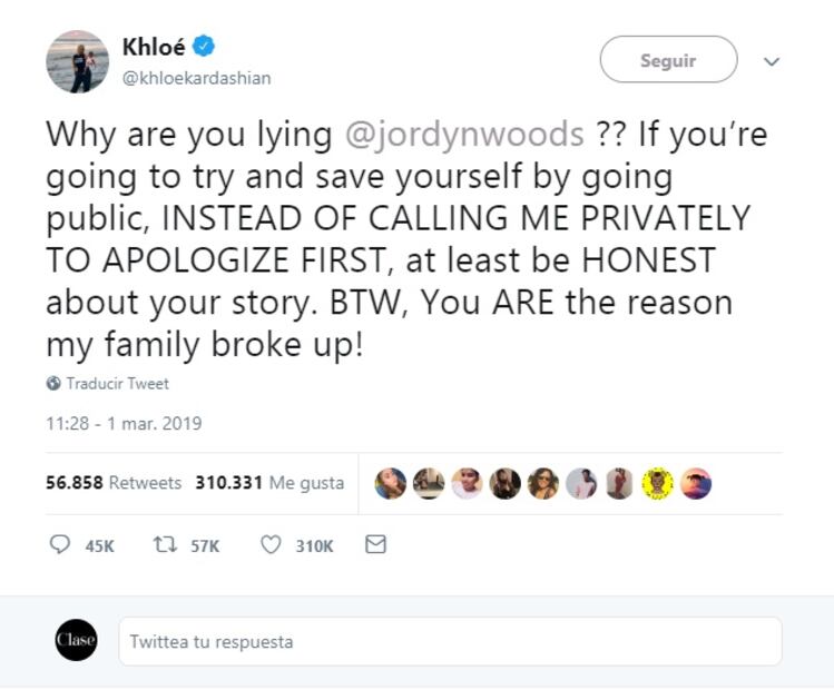 Khloé Kardashian arremete contra Jordyn Woods en redes sociales 