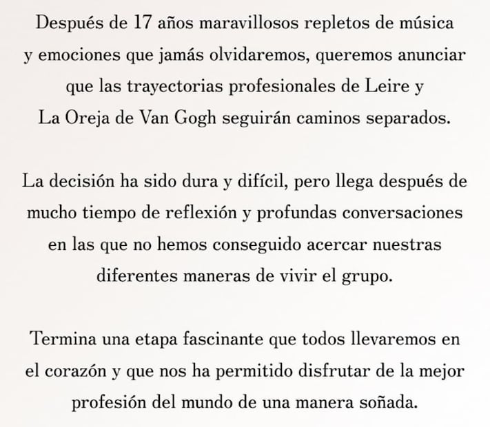 El comunicado de La Oreja de Van Gogh / Foto: Captura de pantalla