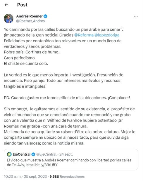 El mensaje de Andrés Roemer antes de ser detenido en Israel / Captura de pantalla -  X: @Roemer_Andres