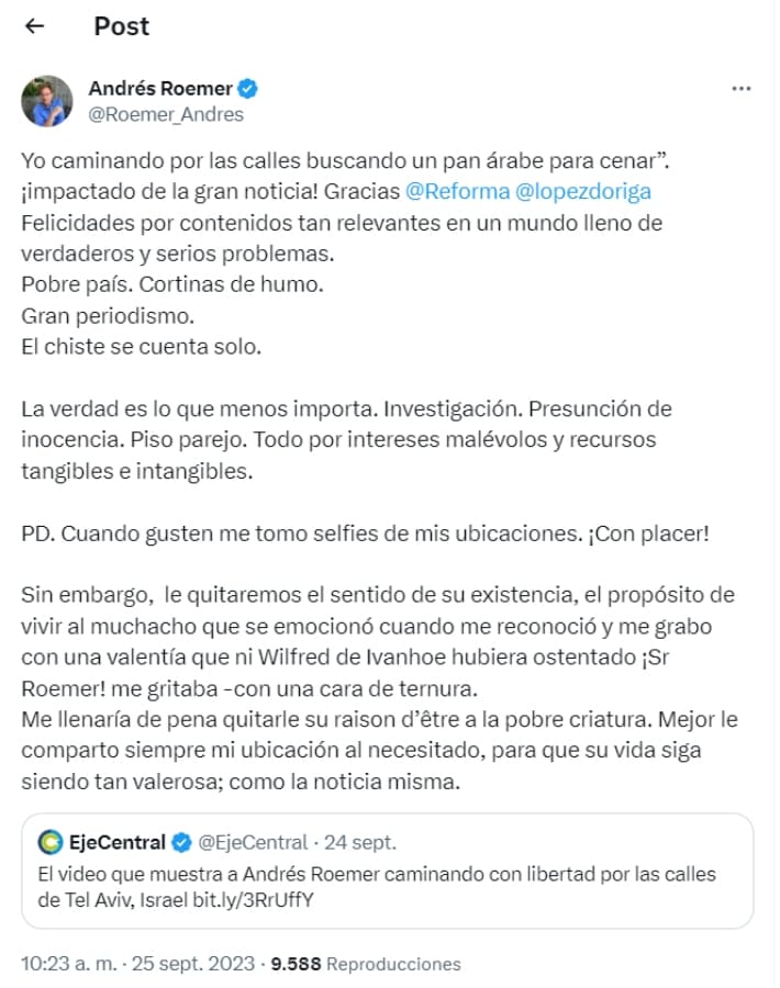 El mensaje de Andrés Roemer antes de ser detenido en Israel / Captura de pantalla -  X: @Roemer_Andres