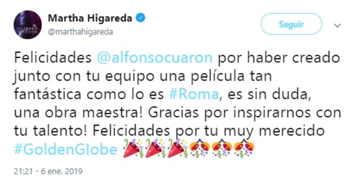 Los famosos celebran el triunfo de Alfonso Cuarón y “Roma” en los Golden Globes