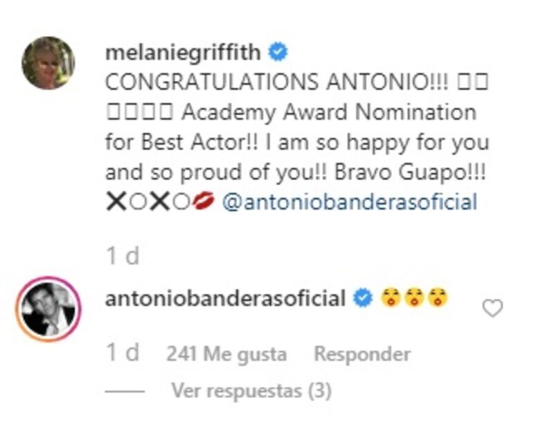 La actriz Melanie Griffith felicitó a su ex Antonio Banderas por su nominación a los Oscar 2020