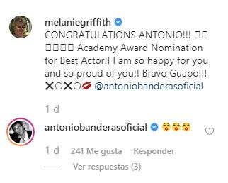 La actriz Melanie Griffith felicitó a su ex Antonio Banderas por su nominación a los Oscar 2020