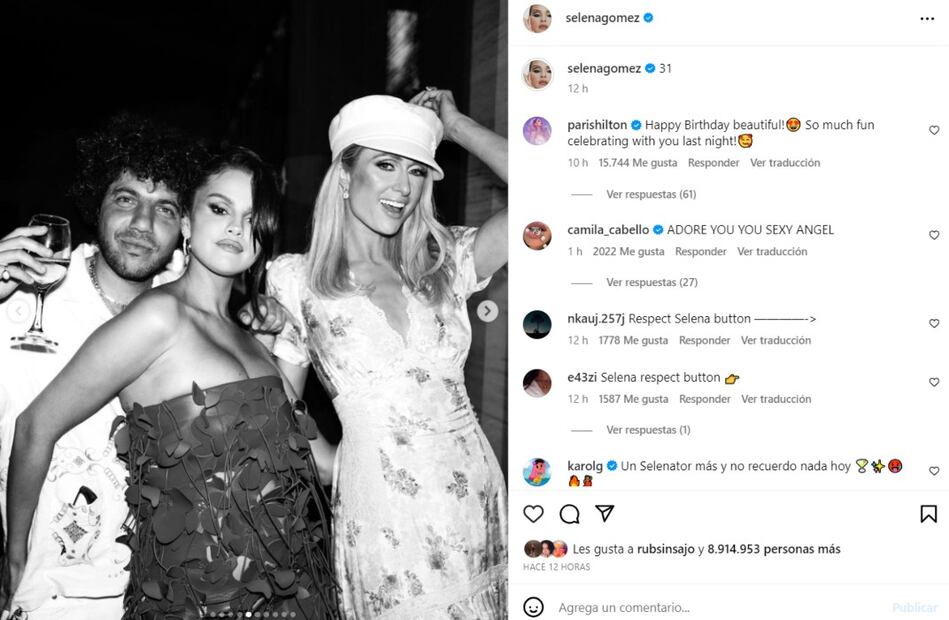 Selena Gomez junto a Paris Hilton y el productor Benny Blanco / Instagram