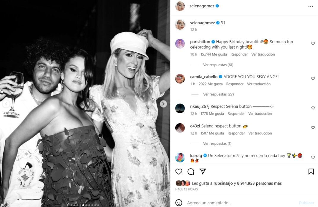 Selena Gomez junto a Paris Hilton y el productor Benny Blanco / Instagram