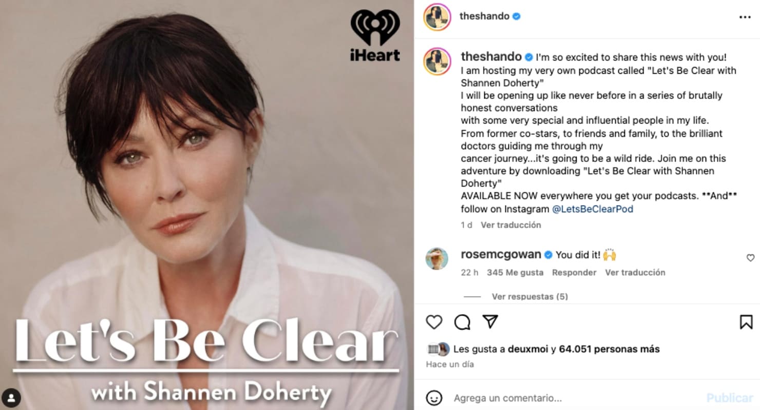 "Let's Be Clear", el podcast de Shannen Doherty / Instagram