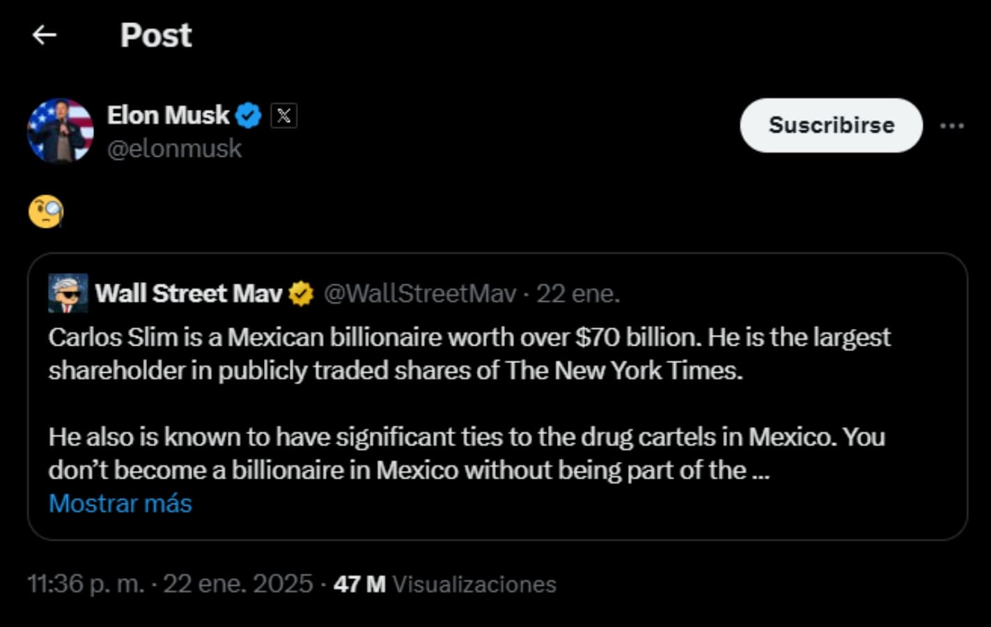 El mensaje de Elon Musk sobre Carlos Slim / Foto: Captura