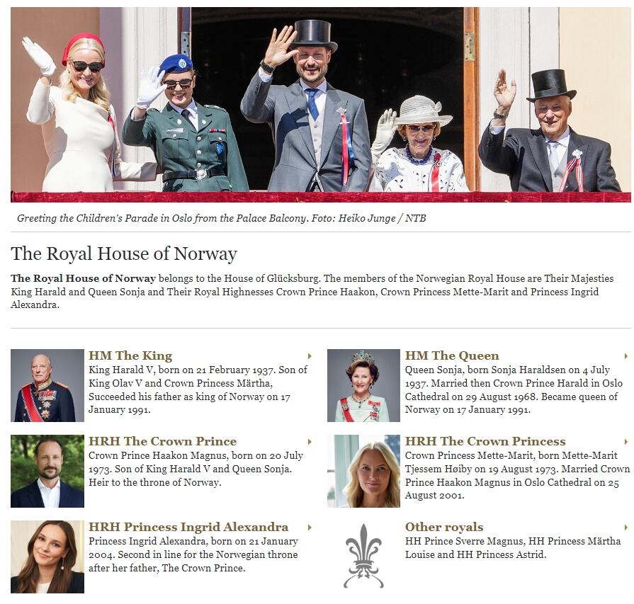 La página web oficial de la familia real noruega / Foto: Captura de pantalla