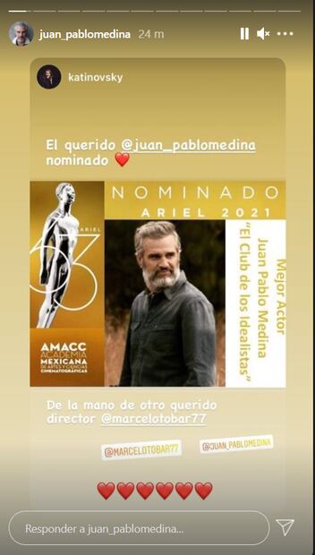 Juan Pablo Medina es nominado a un Ariel y así lo celebra