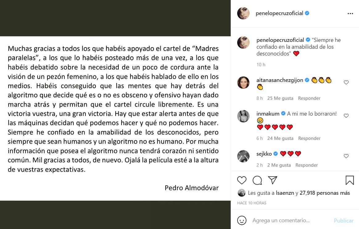 Pedro Almodóvar agradece apoyo tras censura en Instagram y alerta sobre los algoritmos