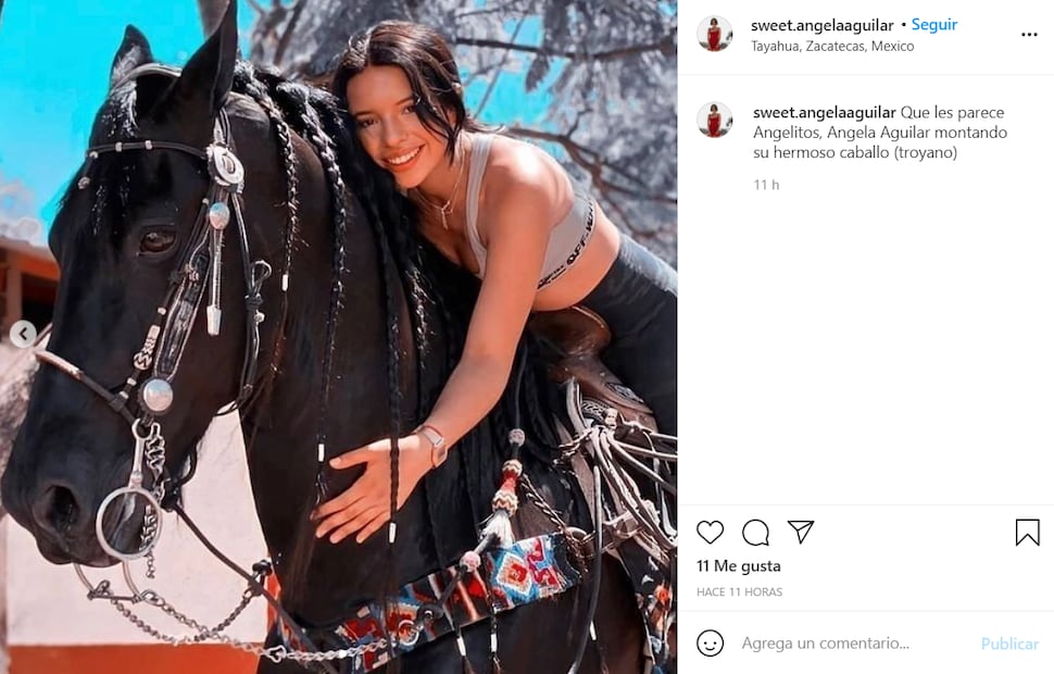 Ángela Aguilar en top deportivo con su caballo Troyano ¡lindísima!