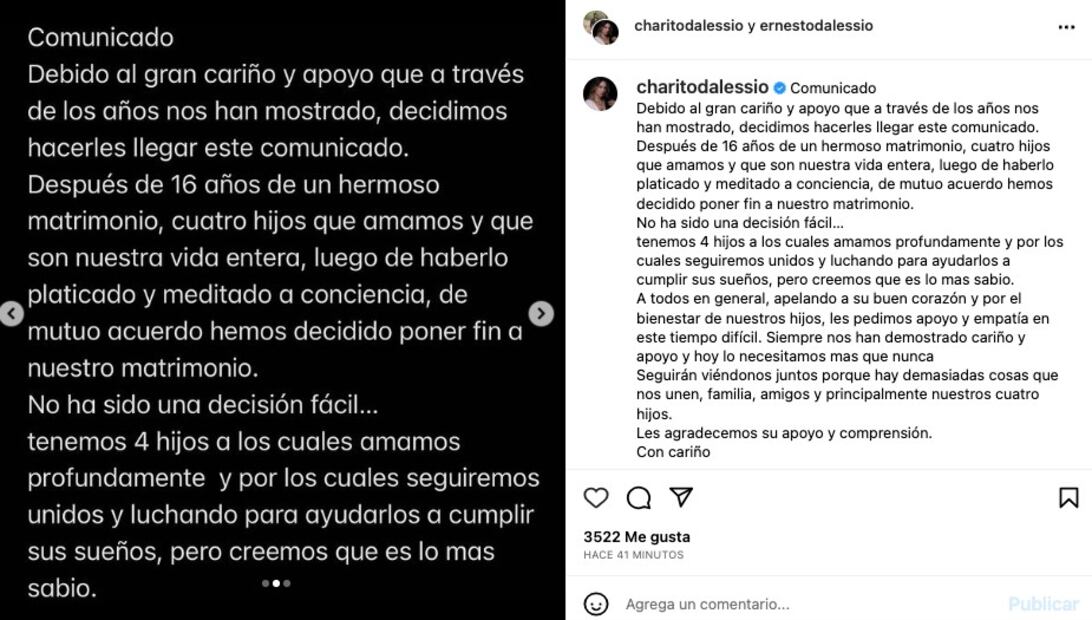 El comunicado de Ernesto D' Alessio y Charito Ruiz / Instagram