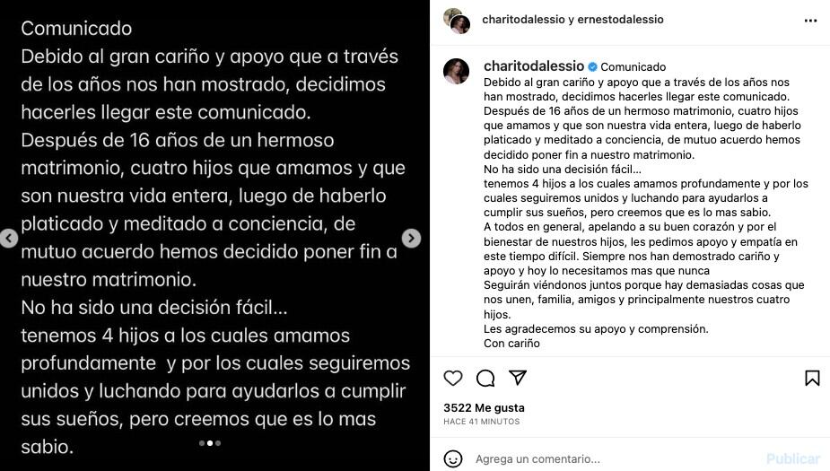 El comunicado de Ernesto D' Alessio y Charito Ruiz / Instagram
