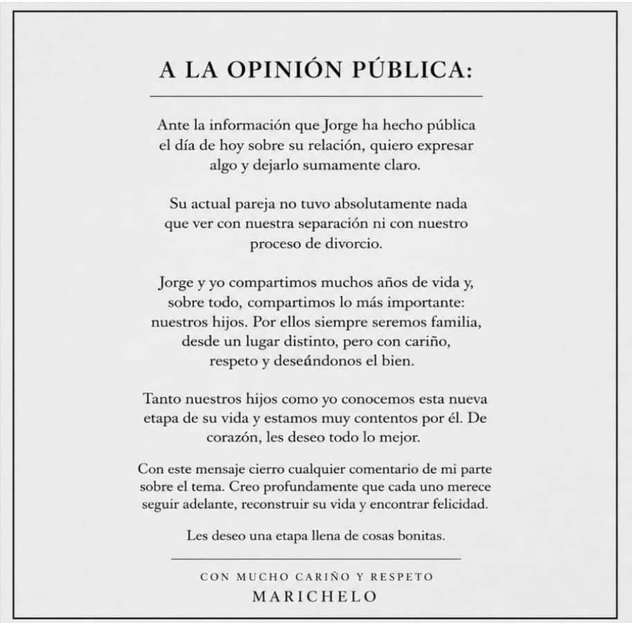 El comunicado de Marichelo Puente. (Foto: Instagram)