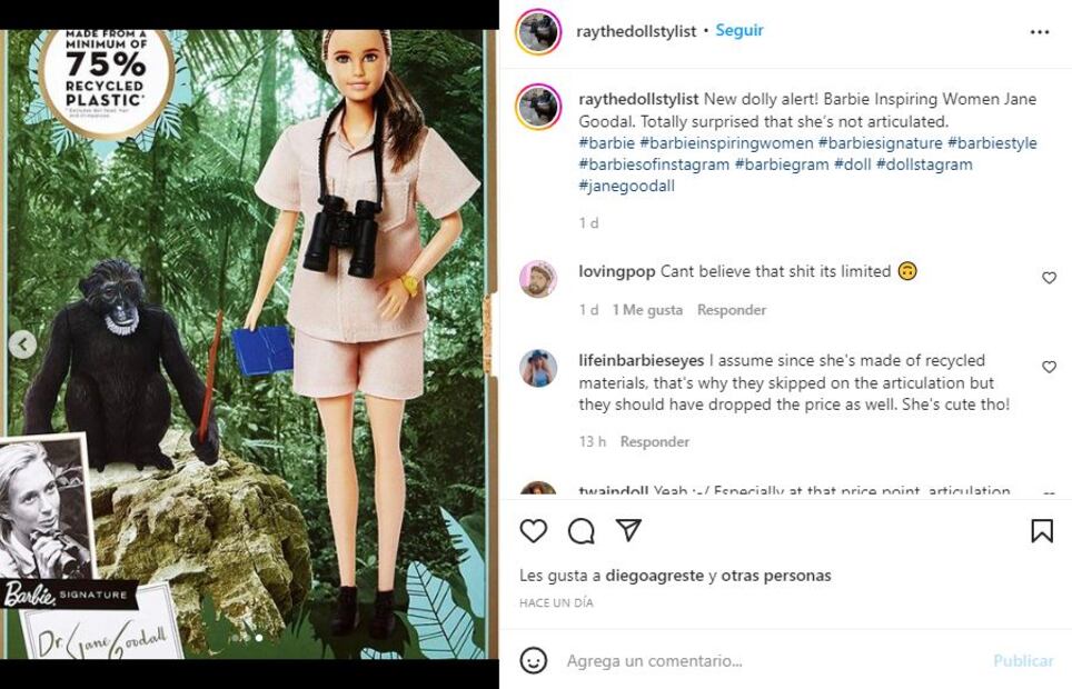 Barbie lanza muñeca inspirada en Jane Goodall, pionera en estudio de los chimpancés
