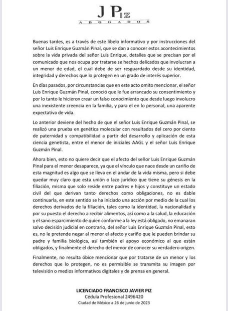 El comunicado que difundieron los abogados de Luis Enrique Guzmán / Twitter