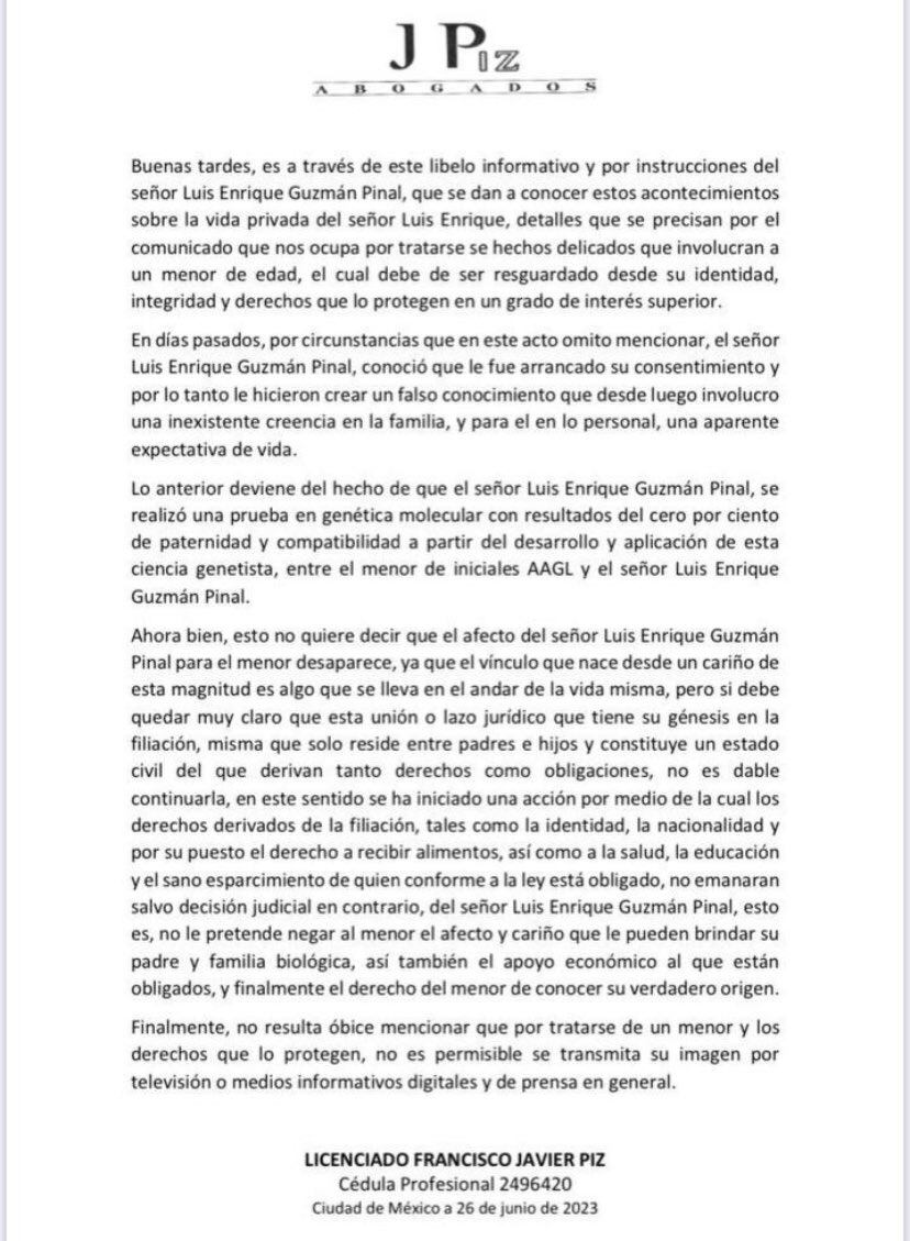 El comunicado que difundieron los abogados de Luis Enrique Guzmán / Twitter