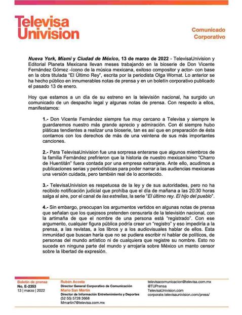 Vicente Fernández: Televisa sí estrenará serie, no tiene notificación judicial