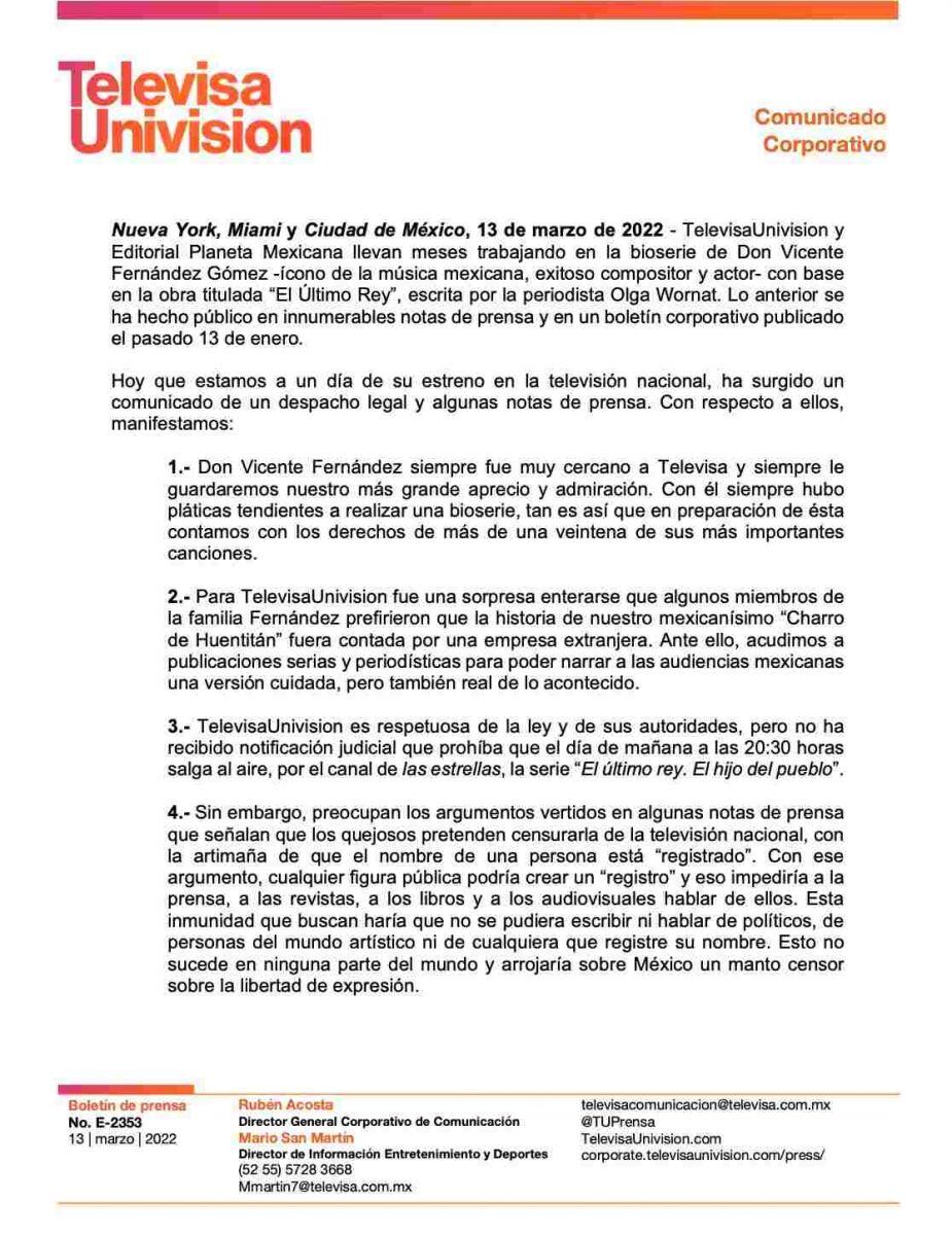Vicente Fernández: Televisa sí estrenará serie, no tiene notificación judicial