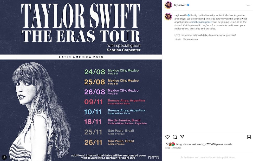 Taylor Swift viene a México / Instagram