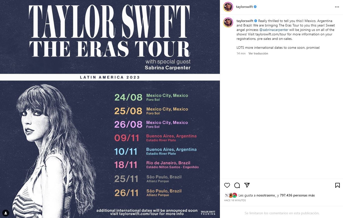 Taylor Swift viene a México / Instagram