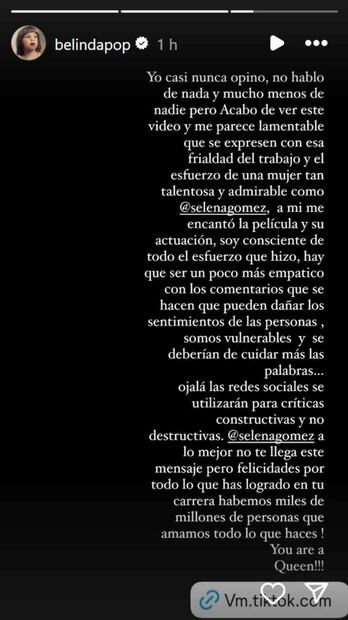 El mensaje de apoyo de Belinda a Selena Gomez / Foto: Captura