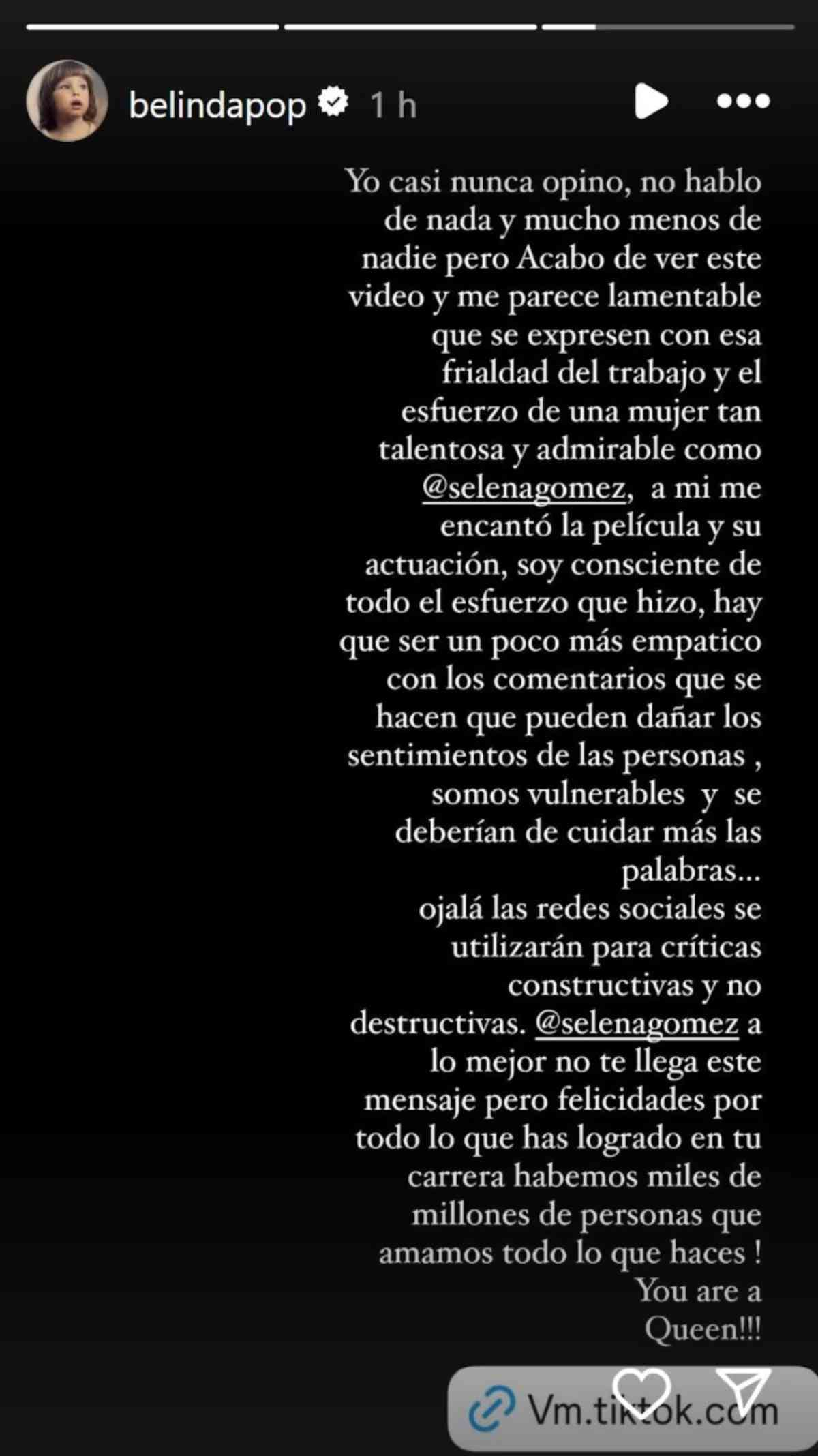 El mensaje de apoyo de Belinda a Selena Gomez / Foto: Captura