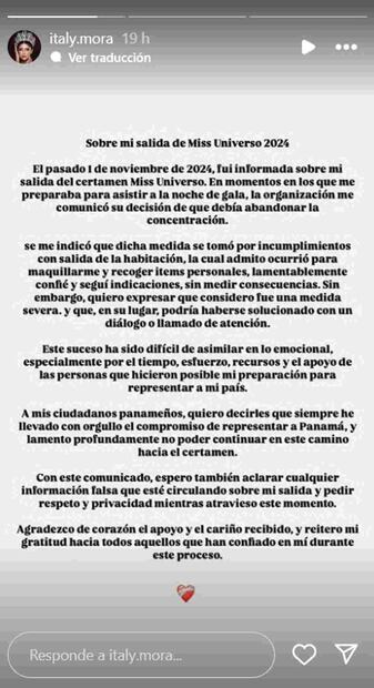 Declaración de Italy Mora a través de redes sociales / Foto: Instagram