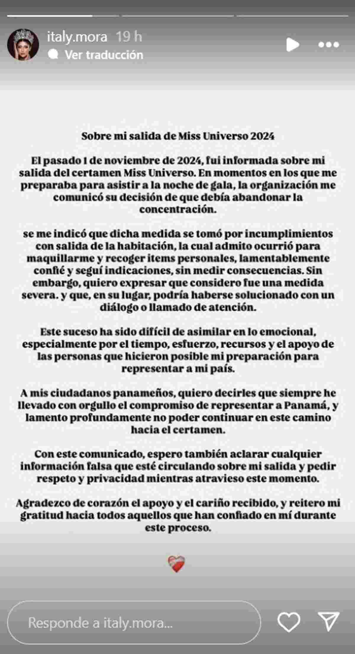 Declaración de Italy Mora a través de redes sociales / Foto: Instagram