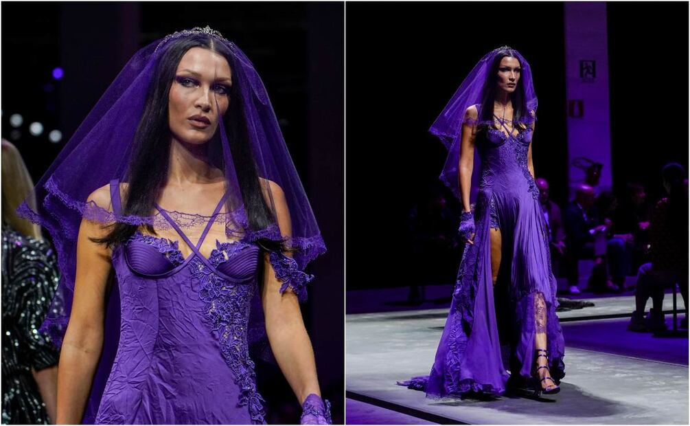 Bella Hadid deja poco a la imaginación con un escote casi al ombligo de la firma Versace
