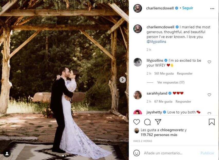 Lily Collins se casó con Charlie McDowell y usó un vestido de novia de cuento de hadas