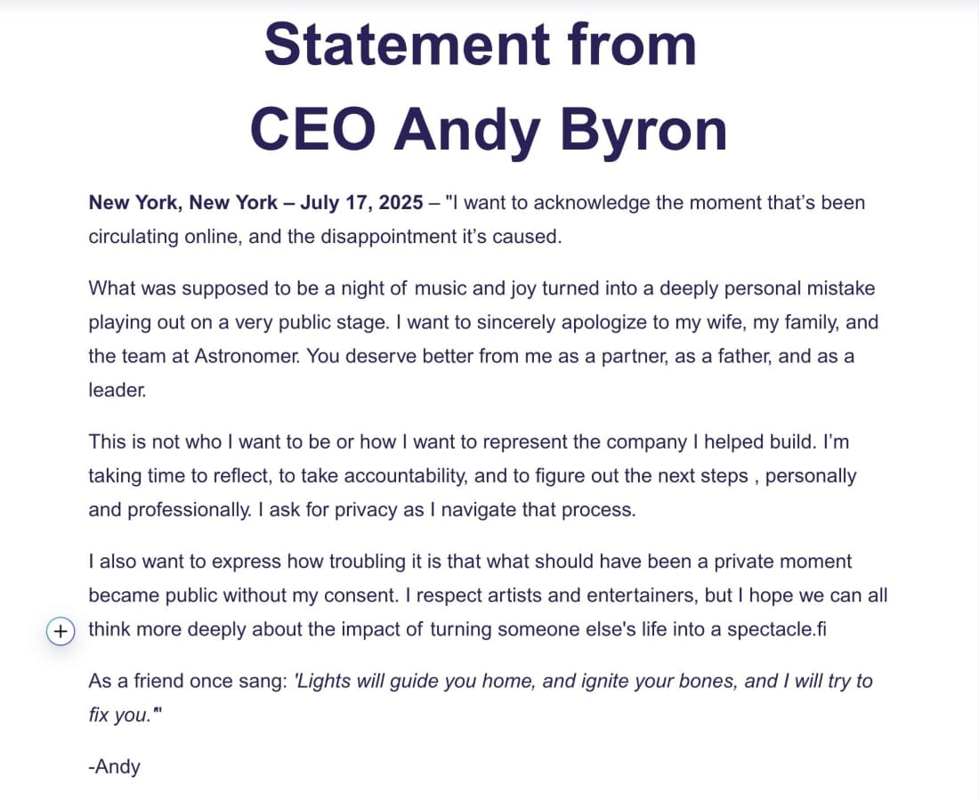 El supuesto comunicado de Andy Byron, CEO de Astronomer / Foto: Especial