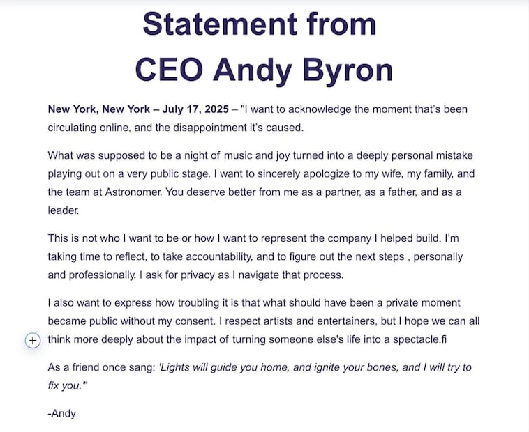 El supuesto comunicado de Andy Byron, CEO de Astronomer / Foto: Especial