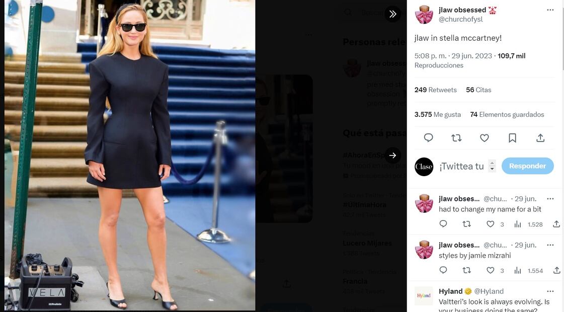 Jennifer Lawrence en un vestido de Stella McCartney / Twitter