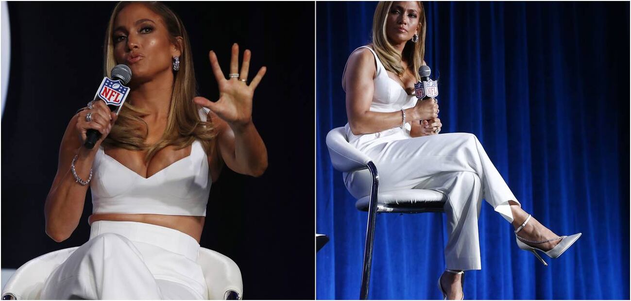 Jennifer Lopez impacta en blanco y zapatillas de Jimmy Choo con cristales 