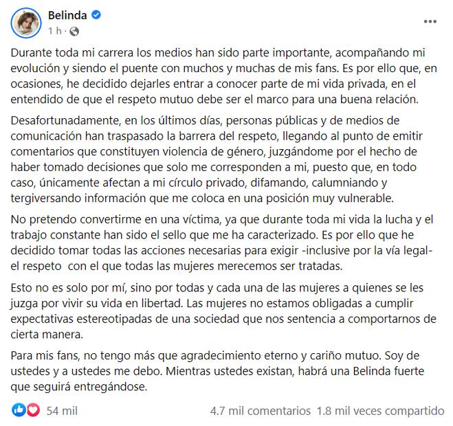 Belinda podría emprender acciones legales por violencia de género