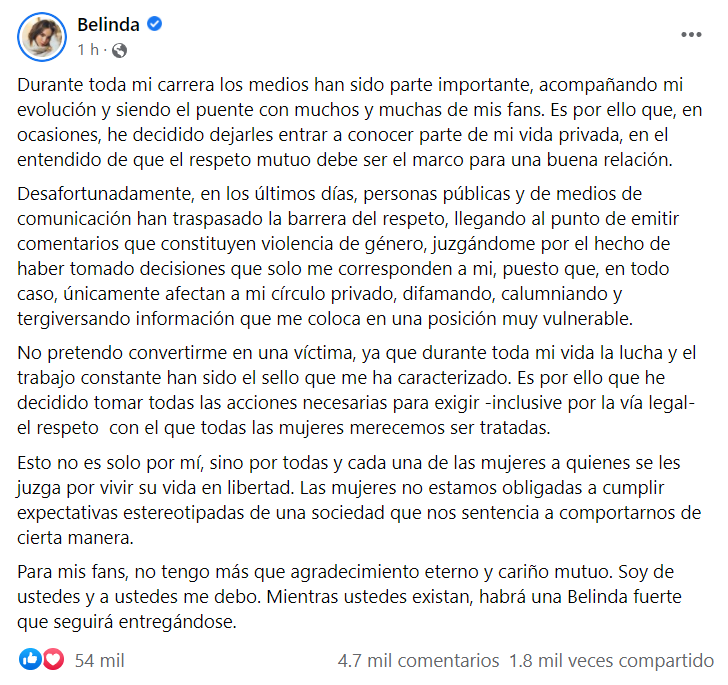 Belinda podría emprender acciones legales por violencia de género